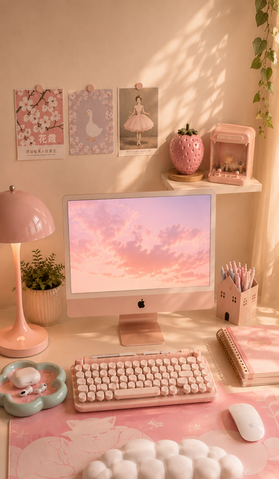 Bright, comforting Sakura desk scene with soft pink accessories