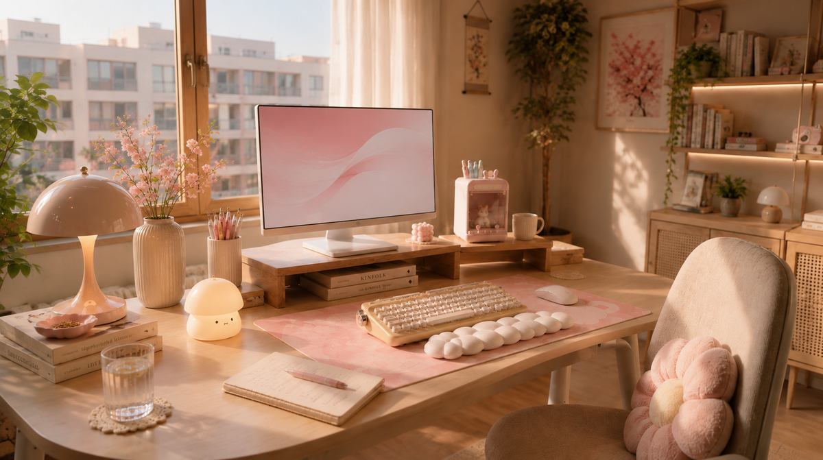 A Sakura-aesthetic desk setup with cherry blossom branches, blush pink accessories and warm natural light