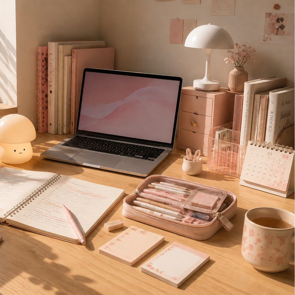 Sakura Study desk setup with soft pink stationery and warm desk lighting
