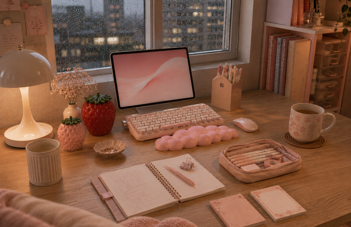 Sakura After Rain desk setup with a warm lamp glow beside a rain-streaked window