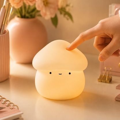 A cute mushroom-shaped glowing night light with a smiling face, being gently touched by a person's hand on a warm, cozy desk with pink stationery and flowers in the background.