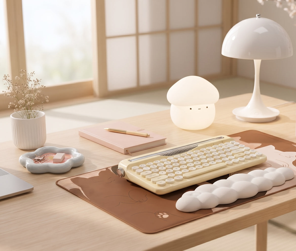 A cozy, Sakura-inspired desk setup with cherry blossom branches and soft pink accessories
