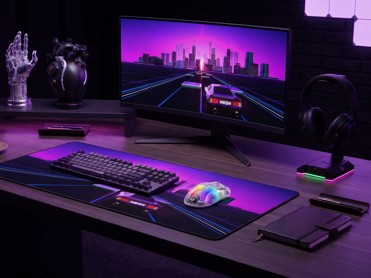 After Hours Wind Down desk setup with low, ambient neon lighting