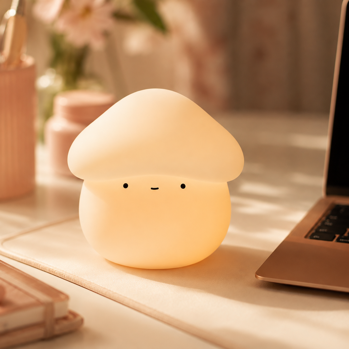 A cute mushroom-shaped LED night light glowing with a warm yellow light, placed on a desk next to a laptop and stationery.