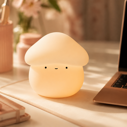A cute mushroom-shaped LED night light glowing with a warm yellow light, placed on a desk next to a laptop and stationery.
