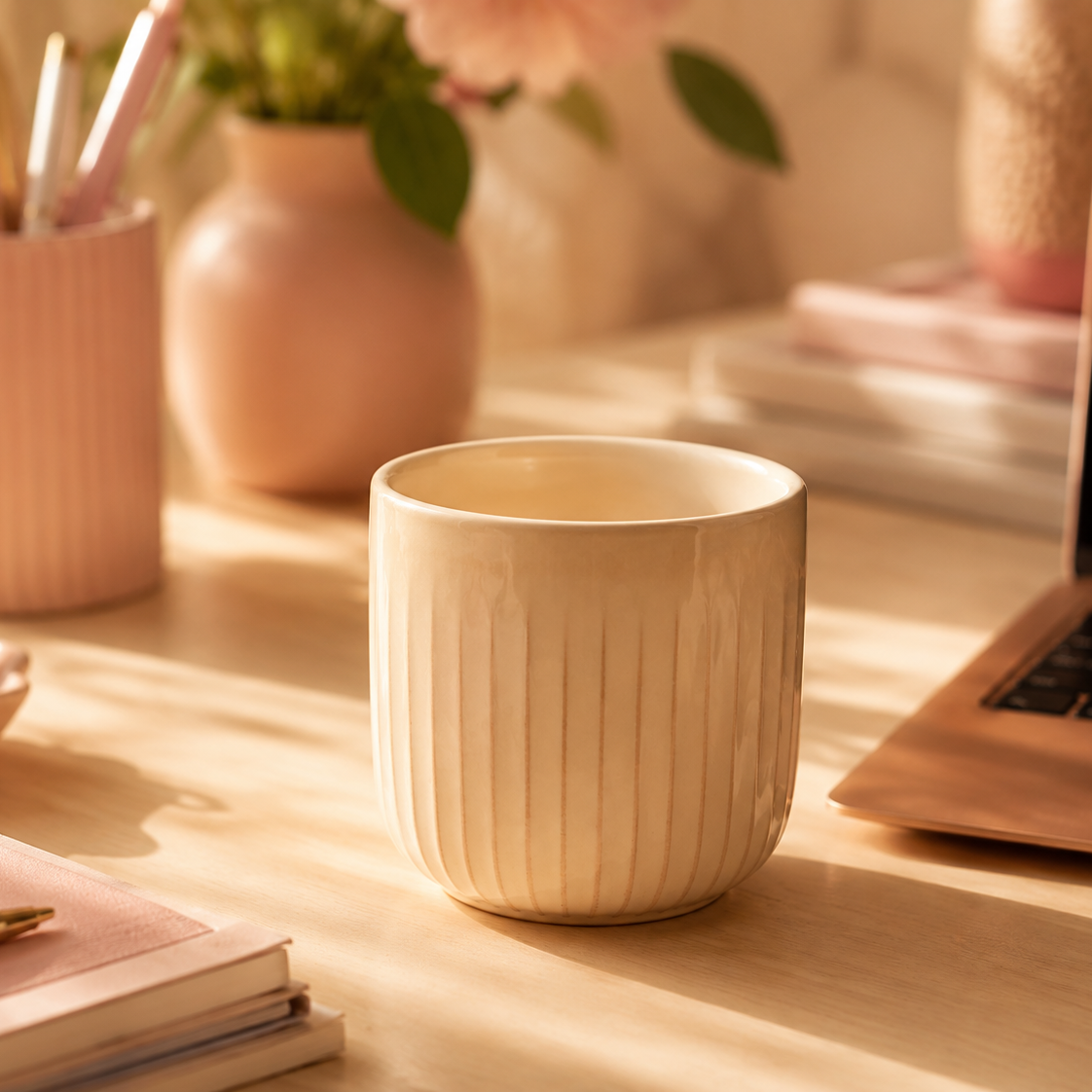A cream-colored ceramic mug with vertical fluted ridges sits on a wooden desk in a warm, sunlit workspace setting, surrounded by notebooks, a laptop, and a vase of flowers.