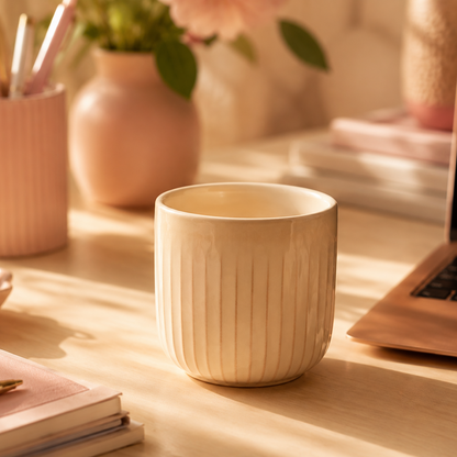 A cream-colored ceramic mug with vertical fluted ridges sits on a wooden desk in a warm, sunlit workspace setting, surrounded by notebooks, a laptop, and a vase of flowers.